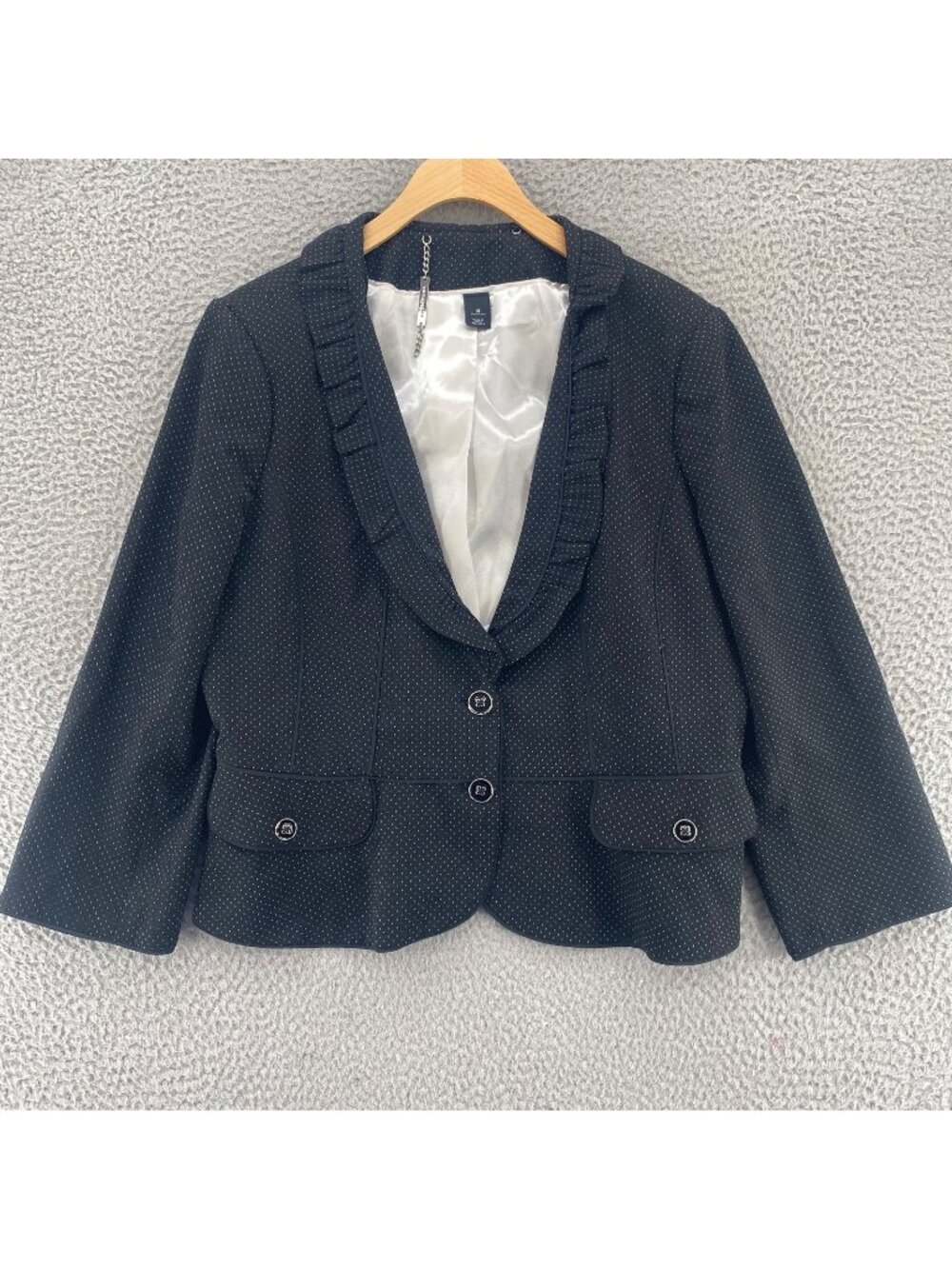 White House Black Market Blazer Womens 14 Black Polka Dot Ruffled Shawl Lapel